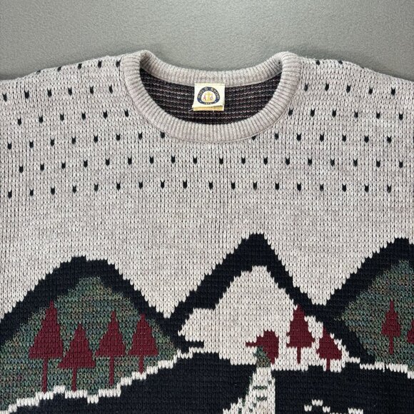 VTG Graphic Knit Sweater Mens L Boat Scenic 80s 90s Cozy Pullover Outdoor Retro - Picture 2 of 16